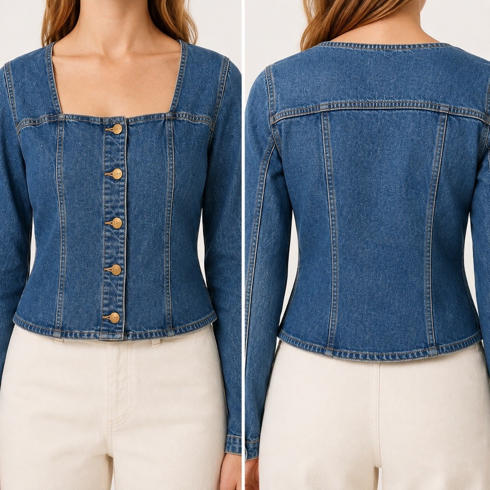 Lee Denim Top Womens XL Blue Square Neck Button Front Stretch Long Sleeve Medium